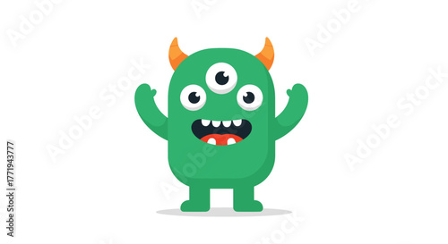 A cute green monster with three eyes and orange horns smiles with its mouth open.