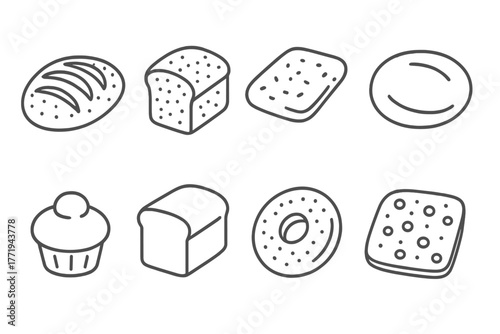Line Style Bread Icons. Line style icons of Bread types: sourdough loaf, rye bread, ciabatta, pita, brioche, sandwich bread, bagel