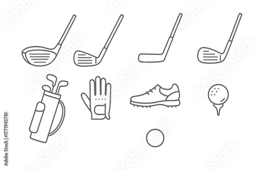 Golf Equipment Icons. Line style icons of Golf Equipment: Driver, Iron, Putter, Wedge, Golf Bag, Gloves, Shoes, Ball Marker, No