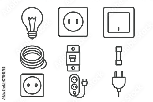 Electrical Supplies Icons. Line style icons of Electrical supplies: light bulb, outlet, switch, wire coil, circuit breaker, fuse,