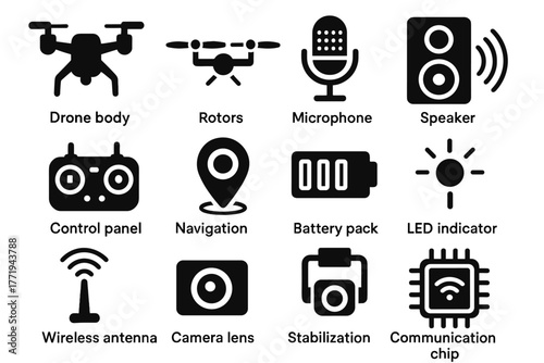 System vector camera pack icon panel battery chip audio drone antenna indicator