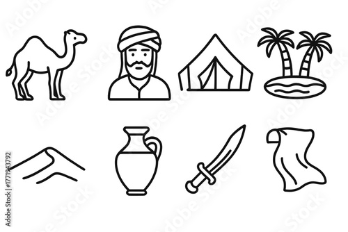 Nomadic Life Icons. Line style icons of Nomadic Life: Camel, Merchant, Tent, Oasis, Sand Dune, Water Jar, Scimitar, Silk, No text,