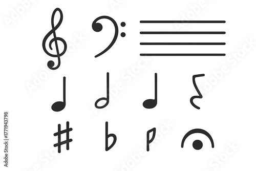 Musical Notation Icons. Line style icons of Musical Notation: Treble Clef, Bass Clef, Staff Lines, Notes, Rests, Sharp Symbol,