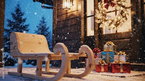Cozy winter evening wooden sled awaits Christmas gifts piled high on snowy porch with twinkling lights and festive wreath welcoming holiday season Podium