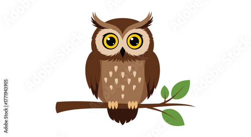 A cute cartoon illustration of a brown owl perched on a tree branch with green leaves.