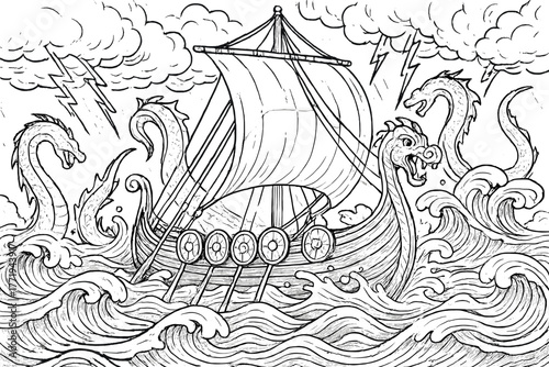 Viking Ship Adventure. Viking longship sailing through stormy seas with dragon-headed prow, thunder, and sea serpents rising,
