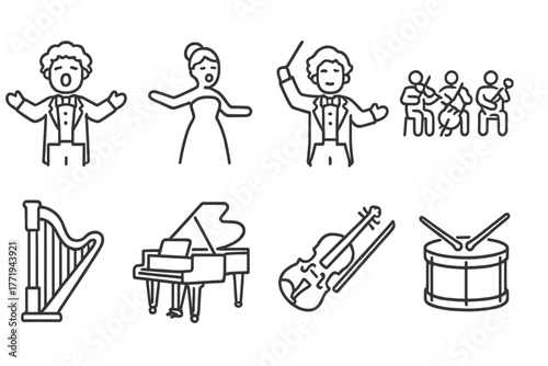 Opera Line Icons. Line style icons of Opera Performance: Tenor, Soprano, Conductor, Orchestra, Harp, Piano, Violin, Drum, No text,