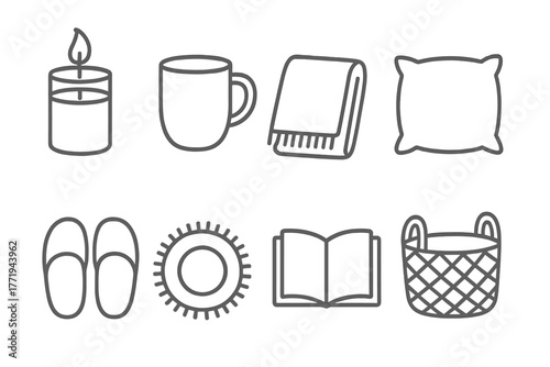 Cozy Line Style Icons. Line style icons of Cozy details: candle, mug, blanket, pillow, slippers, rug, book, basket, No text, No
