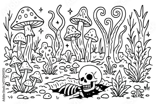 Mystical Alien Forest. Alien forest with glowing fungi, bizarre plant forms, and skeletal remains half-buried in the soil, black