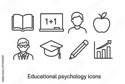 Educational Psychology Icons. Line style icons of Educational Psychology: Open Book, Blackboard, Apple, Student, Teacher,