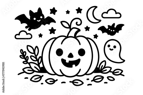 Playful Halloween Pumpkin. A cute halloween pumpkin in a playful scene with friendly details, black and white line art, children’s