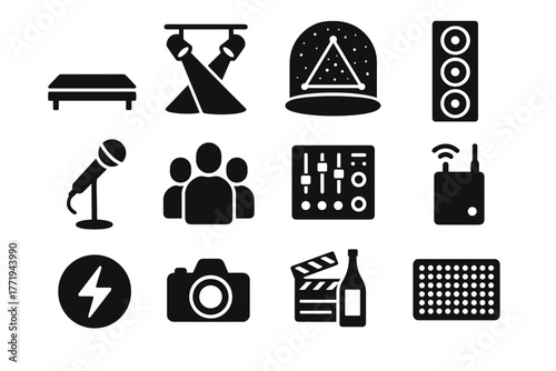 Icon array digital led silhouettes holographic vector platform camera props spotlight stage
