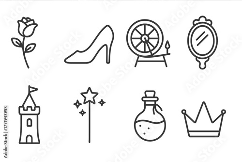 Legendary Icons Collection. Line style icons of Legendary Tales: Enchanted Rose, Glass Slipper, Spinning Wheel, Magic Mirror,