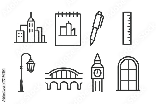 Cityline Icon Sketches. Line style icons of City Drawing: Skyline, Sketchbook, Pen, Ruler, Street Lamp, Bridge, Clock Tower,