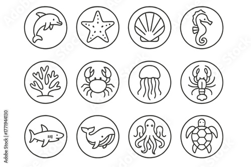 Marine Life Icons. Line style round vector icons of Marine Life: Dolphin, Starfish, Seashell, Seahorse; Coral, Crab, Jellyfish,