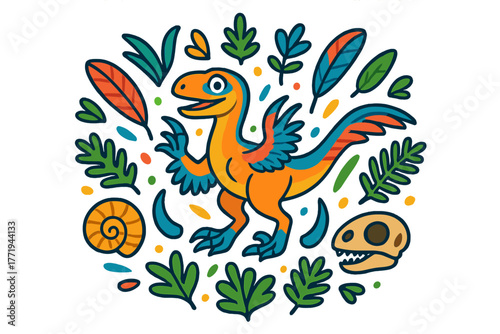 Vibrant Velociraptor Design. Velociraptor in the middle with claws, feathers, plants, and fossils arranged in a radial decorative