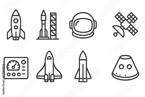 Space Flight Icons. Line style icons of Space Flight: Rocket, Launch Pad, Astronaut Helmet, Satellite, Control Panel, Space