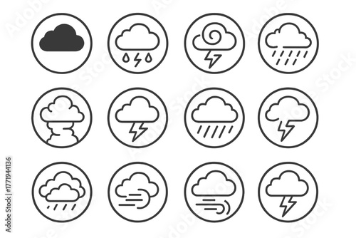 Storm Cloud Icons. Line style icons of storm clouds in round shape: dark cloud, rain and thunder cloud, swirling storm,