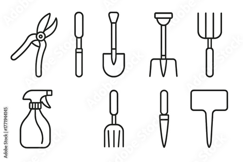 Garden Tools Icons. Line style icons of Garden tools: pruning shears, spade, hoe, garden fork, spray bottle, hand rake, dibber,