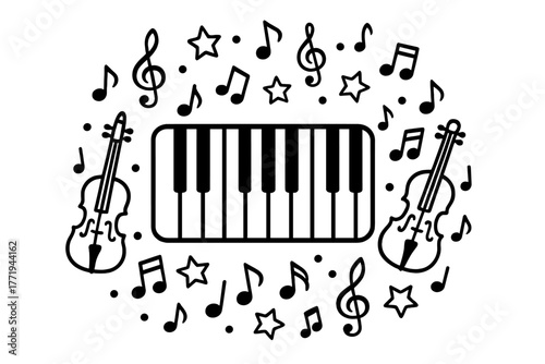 Musical Mandala Design. Piano keyboard in the center with treble clefs, notes, stars, and violins forming a balanced circular