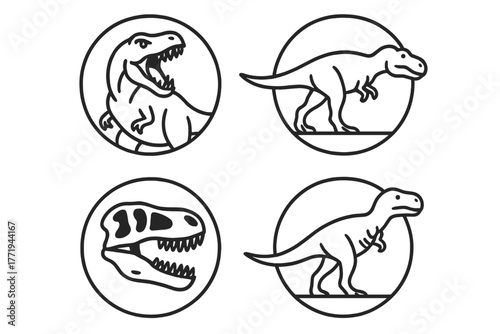 T-Rex Icons Collection. Line style icons of Tyrannosaurus Rex in round shape: roaring T-Rex, walking T-Rex, T-Rex skull, side-view