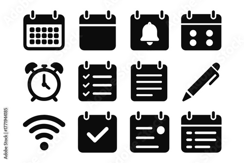 Calendar bell date slots vector blocks mark clock display notification ai icon