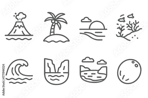 Island Landscape Icons. Line style icons of Island landscapes: volcanic island, palm tree, beach, coral reef, sea wave, cliff,