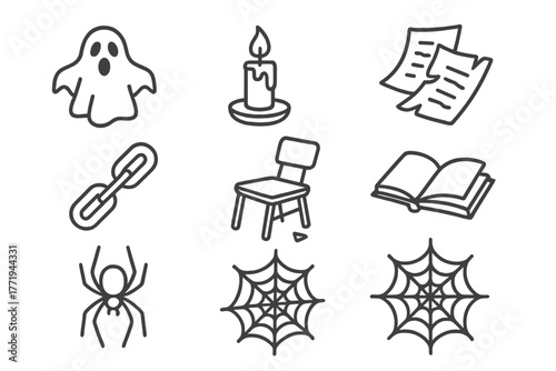 Haunted Library Icons. Line style icons of Haunted Library: Ghostly Shape, Flickering Candle, Ripped Pages, Chains, Broken Chair,