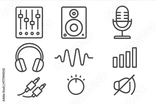 Sound Production Icons. Line style icons of Sound Production: Audio Mixer, Studio Monitor, Microphone, Headphones, Waveform,