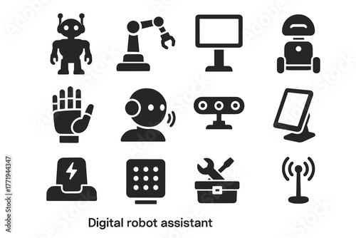 Vector robot touchscreen digital communication tablet icon holder charging arm base humanoid
