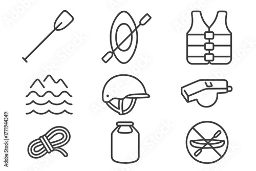 Canoeing Essentials Icons. Line style icons of Canoeing basics: paddle, canoe, life jacket, rapid, helmet, whistle, rope,