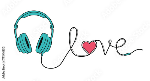 Teal headphones connected by a wire that spells out the word love with a heart in the middle.