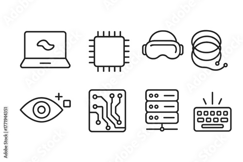 Hackerspace Icons Collection. Line style icons of Hackerspace: Laptop, Data Chip, VR Headset, Neon Wire, Augmented Eye, Circuit