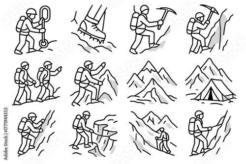 Traverse snowy setup icons guided climbing camp vector rope belaying cliff icon