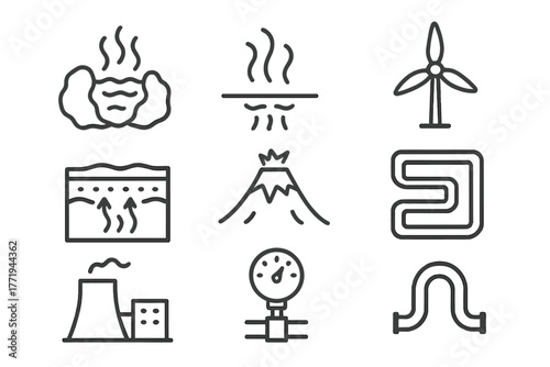 Geothermal Energy Icons. Line style icons of Geothermal: Hot Spring, Steam, Turbine, Underground, Volcano, Pipe System, Power