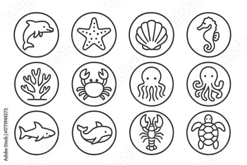 Marine Life Icons. Line style round vector icons of Marine Life: Dolphin, Starfish, Seashell, Seahorse; Coral, Crab, Jellyfish,