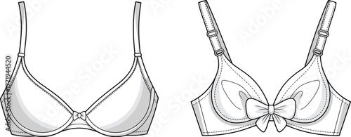 Elegant Floral Embroidery Lingerie Set Outline Vector Illustration: Triangle Bralette with Frill Trim and Bikini Panty, Apparel CAD Drawing Flat Sketch.