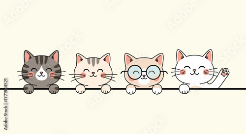 Four cute cartoon cats with happy expressions peek over a solid line.