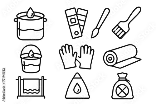 Dyeing Process Icons. Line style icons of Dyeing process: dye pot, color swatch, brush, water bucket, gloves, fabric roll, drying