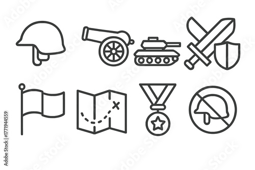 Military History Icons. Line style icons of Military History: Helmet, Cannon, Tank, Sword, Shield, Flag, Map, Medal, No text, No