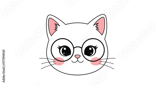 Cute cartoon white cat wearing round glasses with pink ears and cheeks.