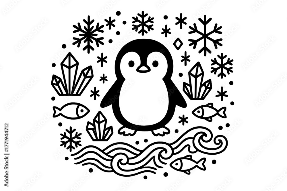 Fototapeta premium Penguin Winter Wonderland. Penguin in the center with snowflakes, ice crystals, fish, and waves forming a circular decorative