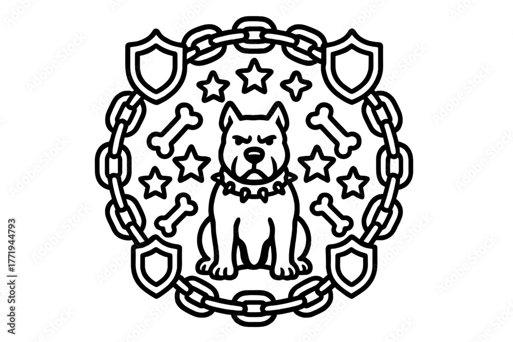 Obraz premium Guard Dog Mandala. Guard dog in the center with shields, stars, bones, and chains arranged in a strong mandala symmetry, black and