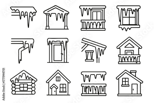 Collection frozen vector icy above beam frosty icicles roof window icicle icon