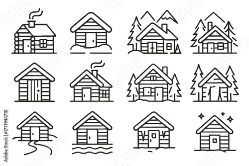 Door snow stars wooden smoke cabin icons icon snowy woods winter vector