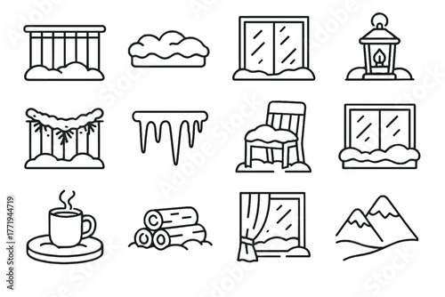 Vector icons glass balcony icon mountain pine view railing snowy curtain