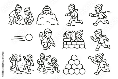 Snowball crouching aiming vector behind child winter fight joyful icon icons snow