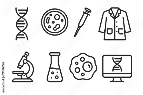 Biotech Line Icons. Line style icons of Biotechnology: DNA Helix, Petri Dish, Micro Pipette, Lab Coat, Microscope, Test Tube, Cell