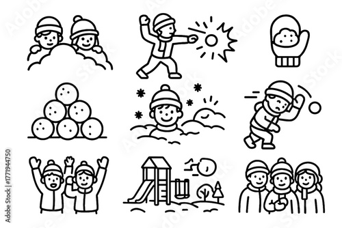 Snowball fight snowy winter icon group vector pile snow icons both mitten