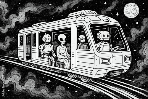 Intergalactic Train Adventure. Intergalactic train traveling on light rails through nebulas, with robots and alien passengers